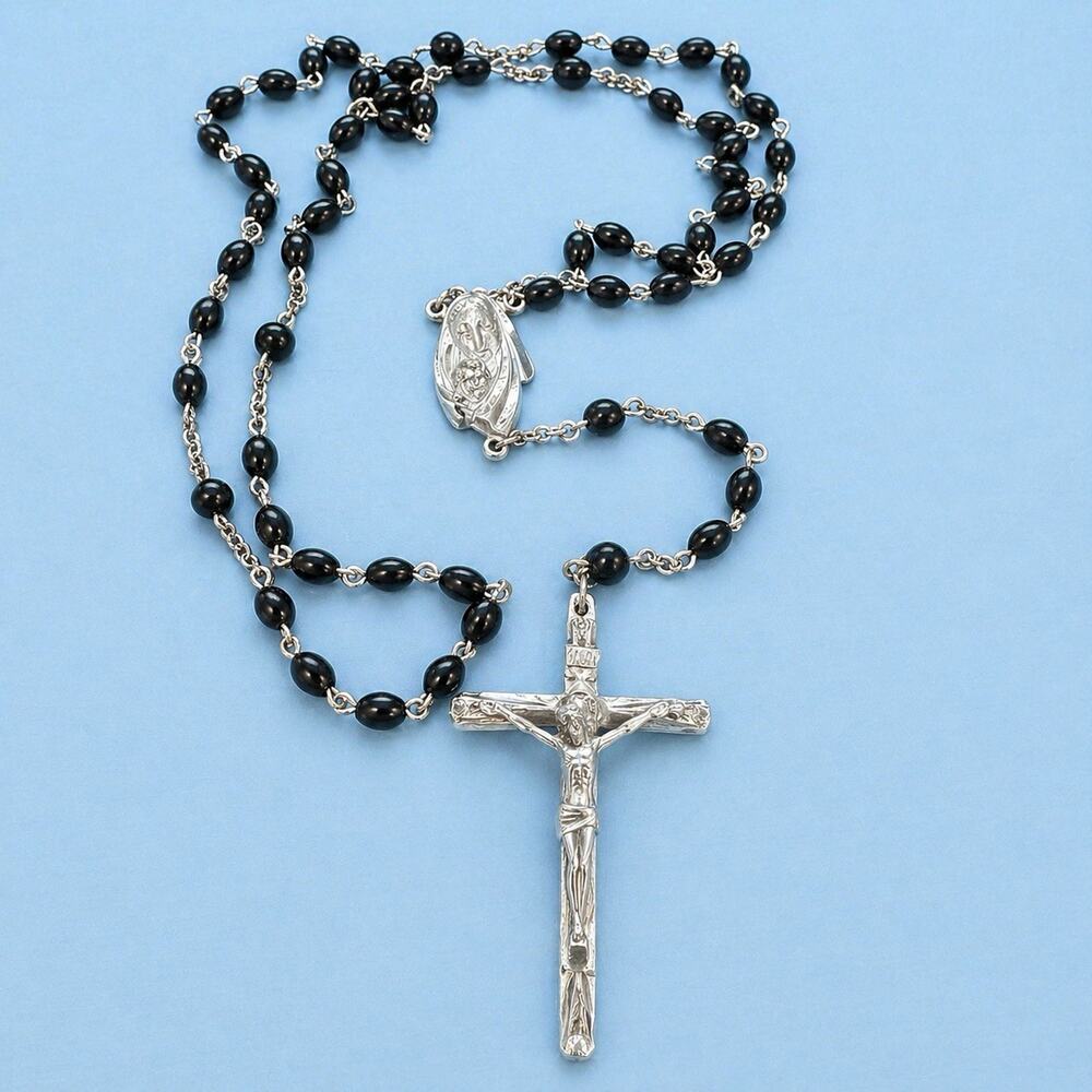 Vintage Sterling Silver Rosary Black Beads Madonna Child Crucifix Catholic